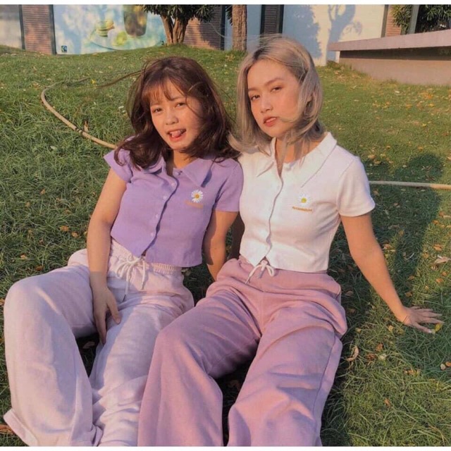 (Ảnh thật) Áo croptop cổ bẻ cài nút thêu hoa 3 màu(trắng/đen/tím)
