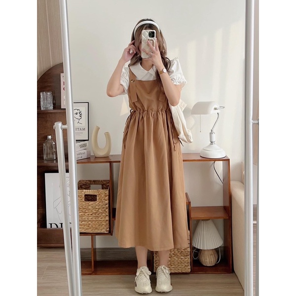 Set yếm nữ dáng dài ulzzang gồm áo sơ mi babydoll cộc tay cánh tiên cổ sen kèm yếm 2 dây dài có dây rút eo (TTA143)