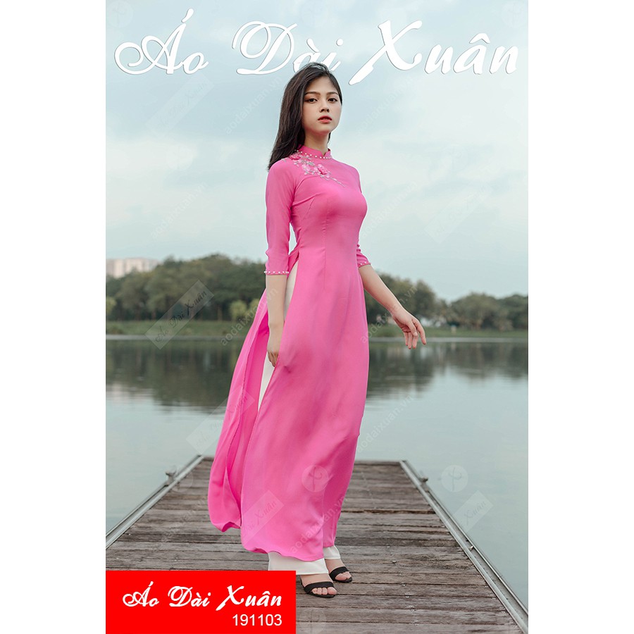 Áo dài lụa hồng trơn gắn hoa - 191103