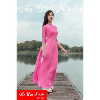 Áo dài lụa hồng trơn gắn hoa - 191103