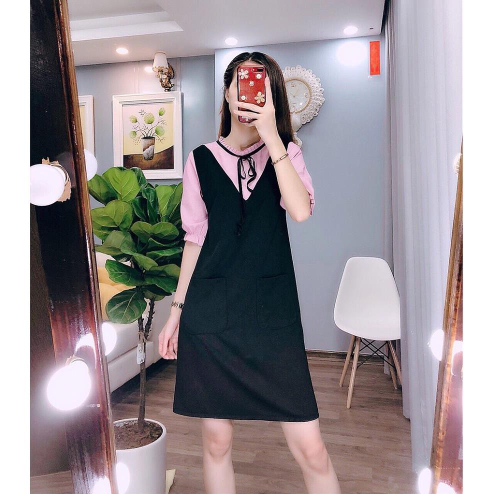 Bán buôn Đầm liền suông phối màu thắt nơ cổ DVCC ❤️FREE SHIP❤️ giá rẻ