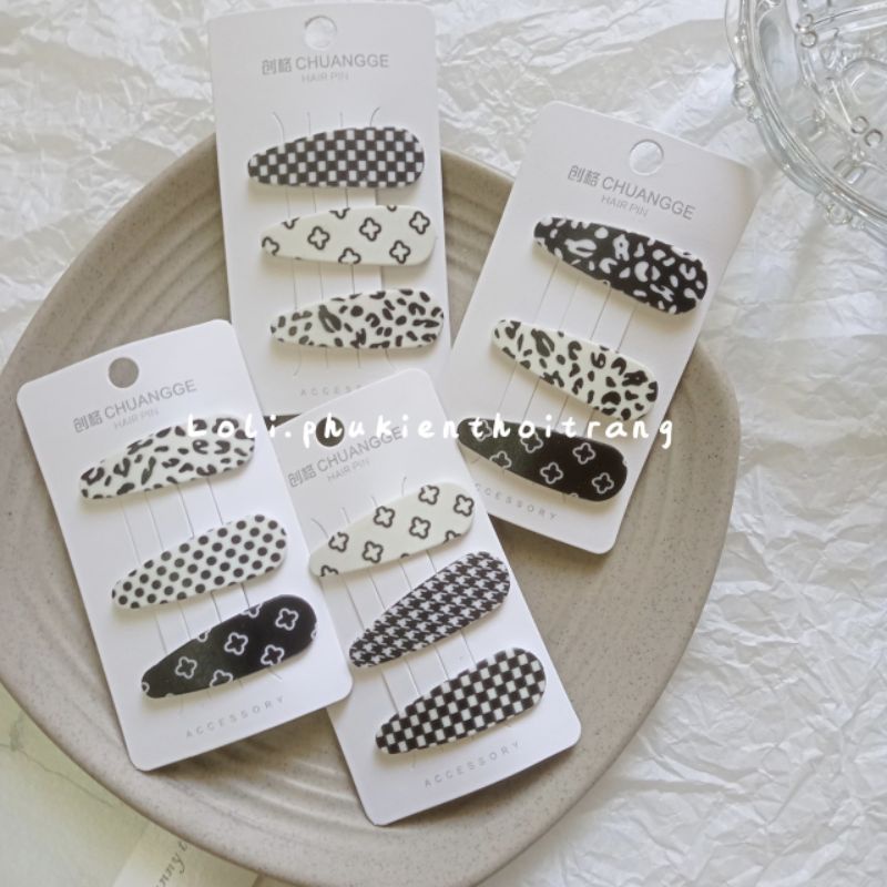 (Bộ 3 Cái) Kẹp Tóc Mái Họa Tiết Caro Đen Trắng Thời Trang Hàn Quốc Cho Nữ