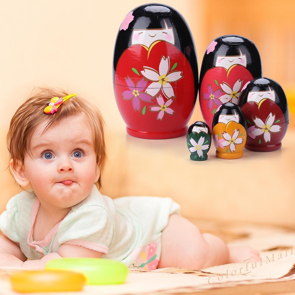 （ColorfulMall）   5pcs Lovely Wooden Russian Dolls Red Dress Girl Toys for Home Decoration