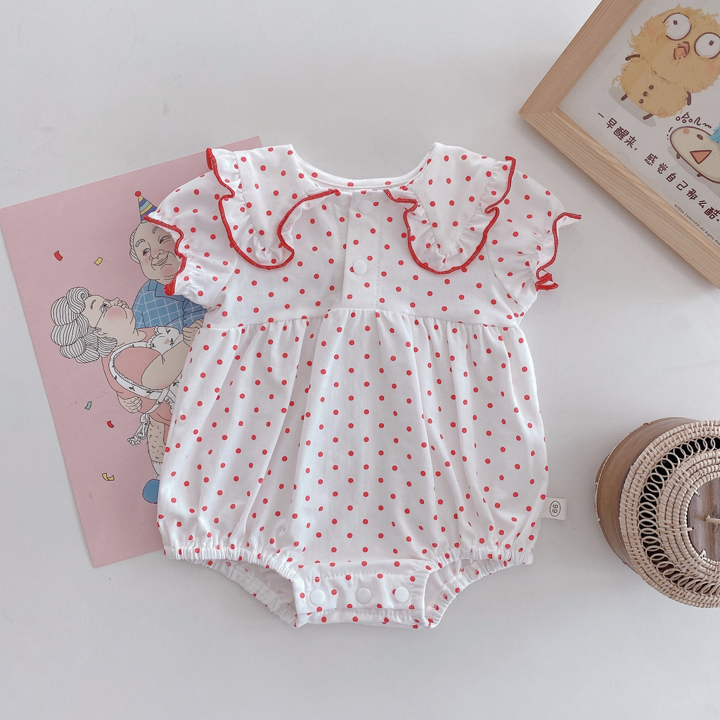 Áo Liền Quần Tay Ngắn Cổ Búp Bê Phối Ren Họa Tiết Chấm Bi Thời Trang Mùa Hè Dễ Thương Cho Bé Gái | BigBuy360 - bigbuy360.vn