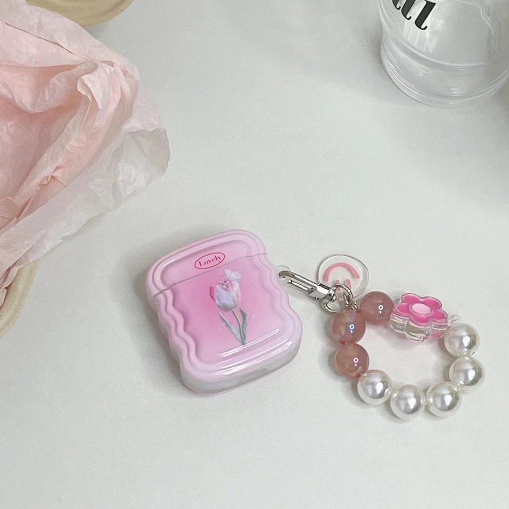 Vỏ Bảo Vệ Hộp Sạc Tai Nghe Bluetooth airpods 1 2 pro Bằng tpu Mềm Hình Hoa tulip Hồng Gắn Vòng Đeo Tay Dễ Thương Mới
