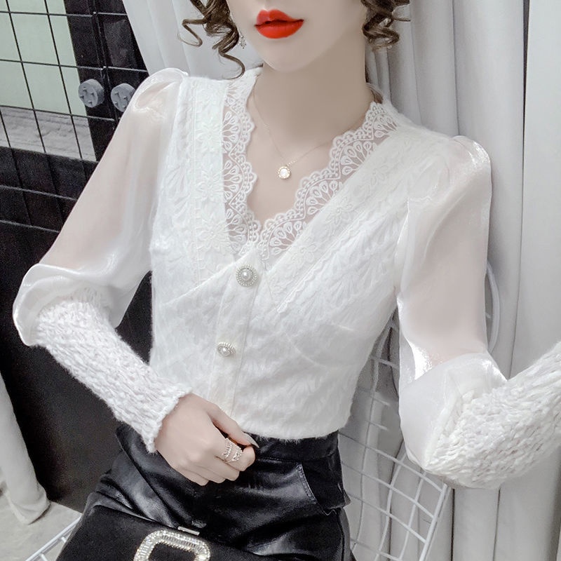 Áo ren cổ chữ V dài tay thời trang mùa thu mới dành cho nữ 2021