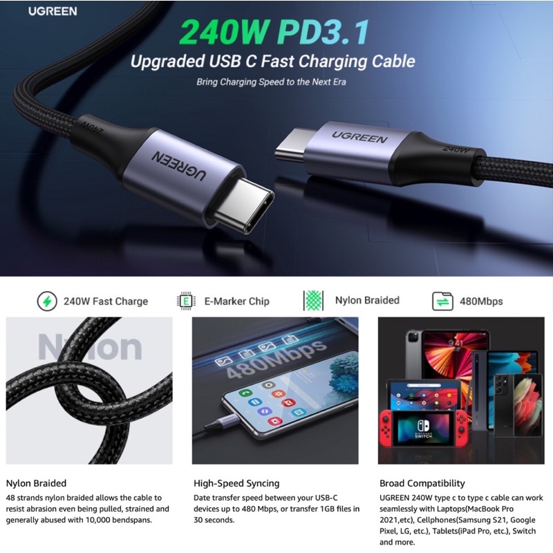 Cáp sạc nhanh UGREEN US535 USB-C to USB-C PD3.1 240W 480Mbps dài 1m & 2m