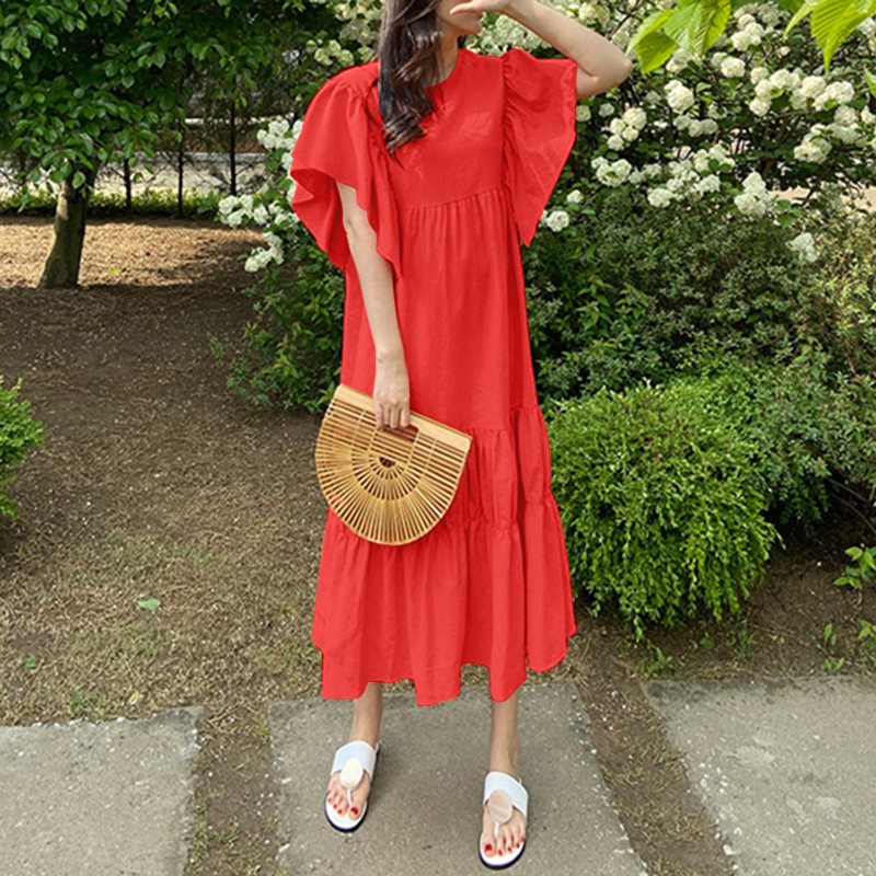 Đầm Maxi ZANZEA Dáng Xòe Tay Ngắn Xếp Nếp Nhiều Lớp Kiểu Gợn Sóng Dành Cho Bạn Nữ | BigBuy360 - bigbuy360.vn