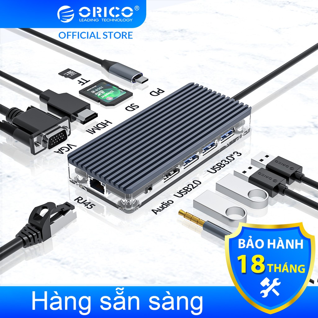 Đầu chia cổng USB Type C ORICO 11 trong 1 sang nhiều cổng Usb 3.0 Hdmi Pd Rj45 Cho Macbook Pro chất lượng cao