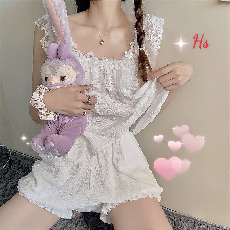 Bộ Ngủ Áo 2 Dây Phối Voan Kèm Quần Short Chất Đũi Trắng | BigBuy360 - bigbuy360.vn