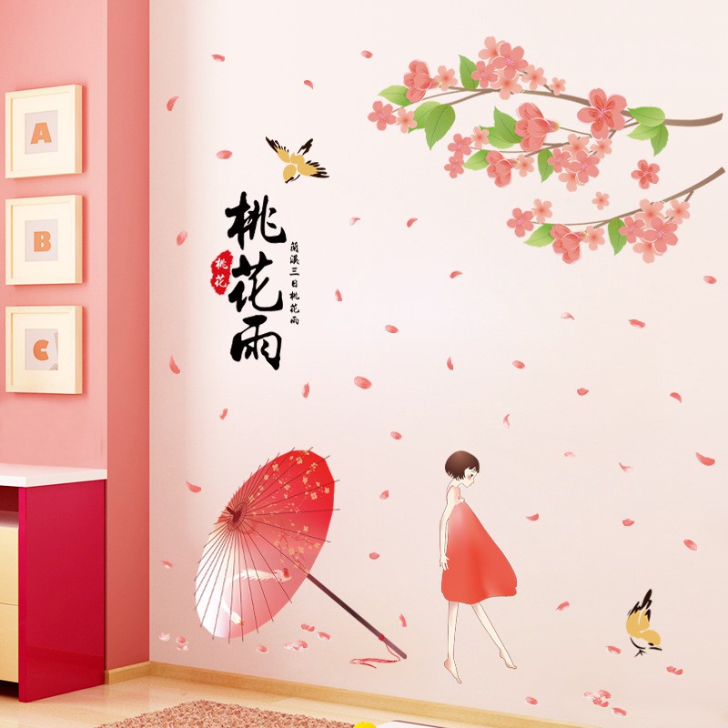 decal dán tường cô bé và hoa anh đào