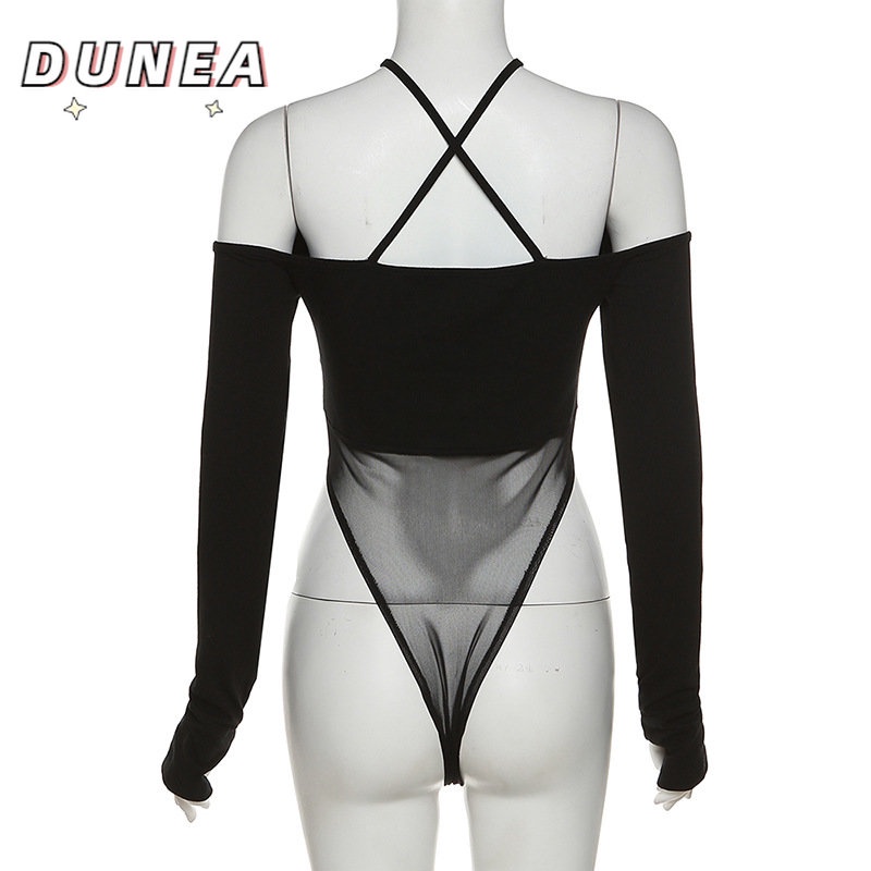 DUNEA Jumpsuit Trễ Vai Phối Lưới Thiết Kế Ôm Sát Tôn Dáng Quyến Rũ Thời Trang Dành Cho Nữ