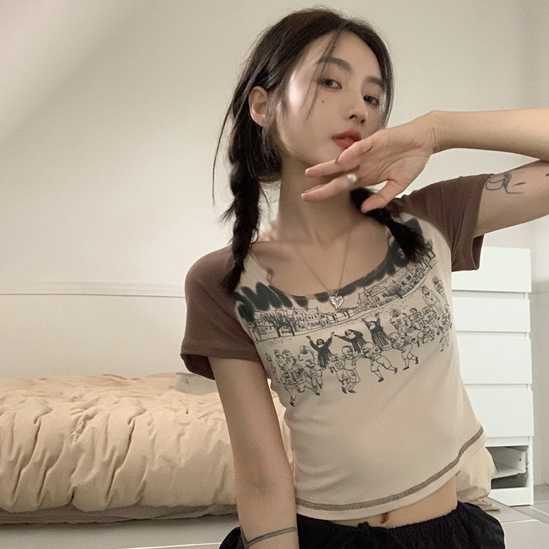 Áo Thun Lửng Ngắn Tay Cổ Chữ U In Họa Tiết Retro Thời Trang Cho Nữ