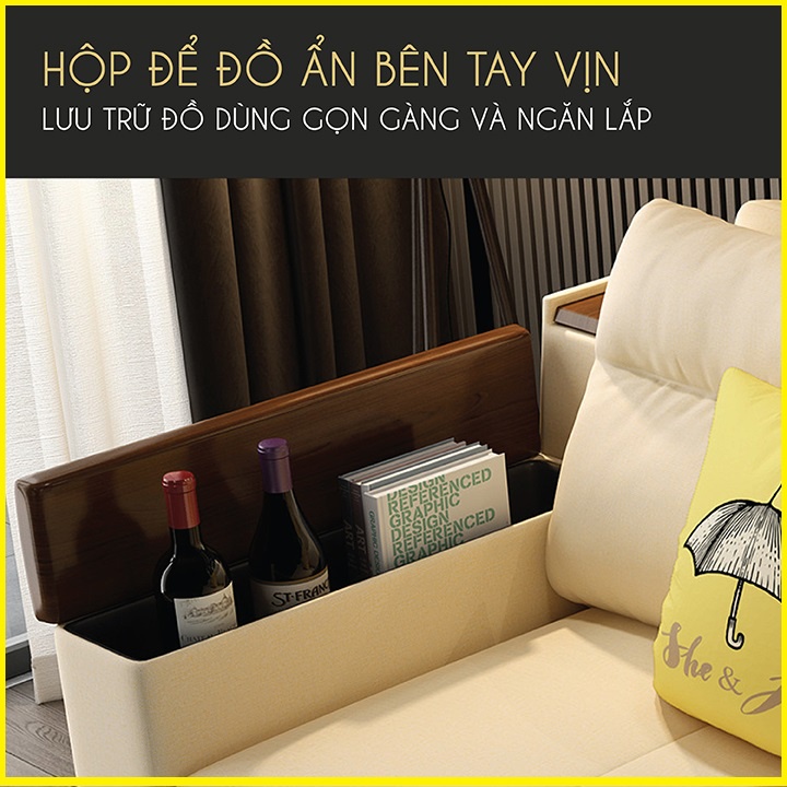 Giường Sofa Thông Minh, Vải Nano Tay Gỗ Óc Chó Cao Cấp Có Cổng Sạc Tiện Lợi KT 1,8m x 1,9m