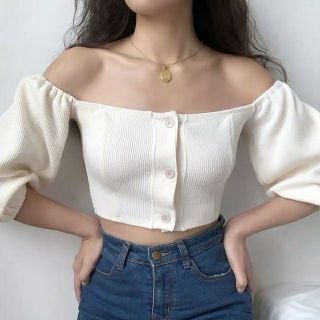 (SẴN) Áo trễ vai croptop 3 cúc M10