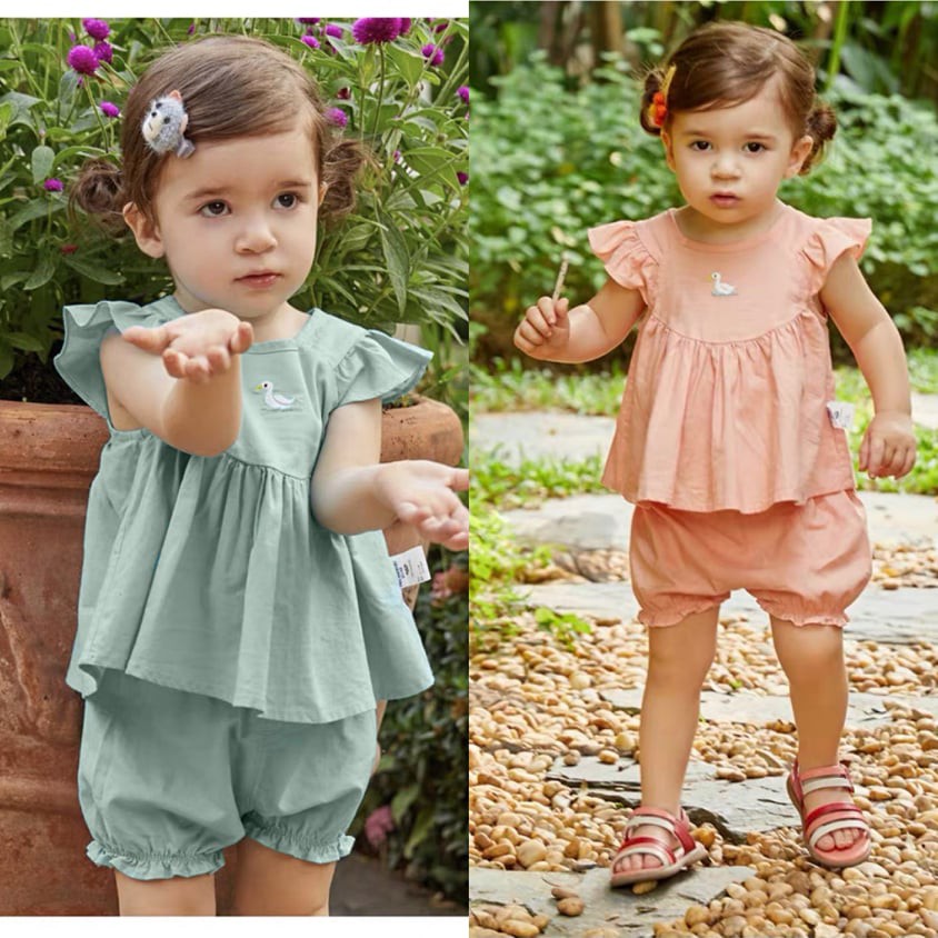 Bộ bé gái baby doll thêu hình Vịt