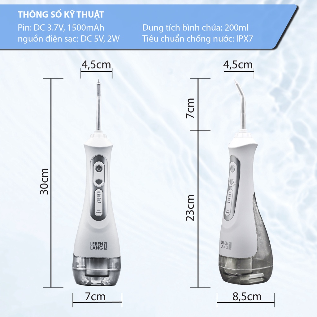 Máy tăm nước LEBENLANG cầm tay LBT1486W chống thấm nước, tặng kèm đầu xịt và túi vải đựng máy cao cấp - hàng chính hãng