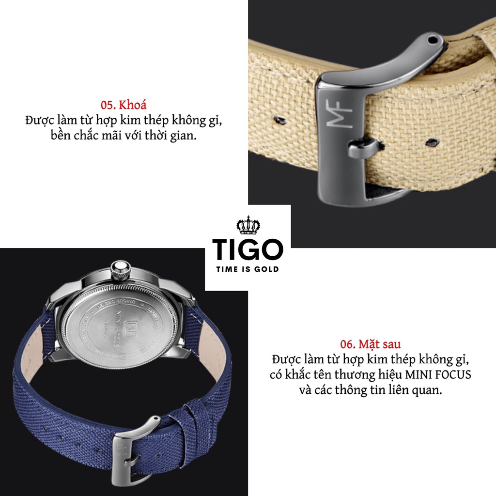 Đồng Hồ Nam MINI FOCUS MF0032G.03 Dây Vải Màu Beige Viền Đen Thép Không Gỉ Cao Cấp Mặt Tròn Đường Kính 46mm Chống Nước