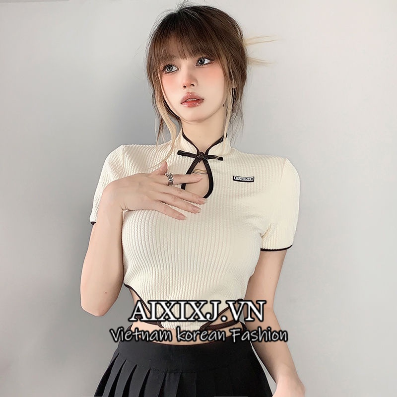 Áo Thun Ngắn Eo Cao Cổ Đứng Cài Nút Kiểu Trung Hoa Cho Nữ
