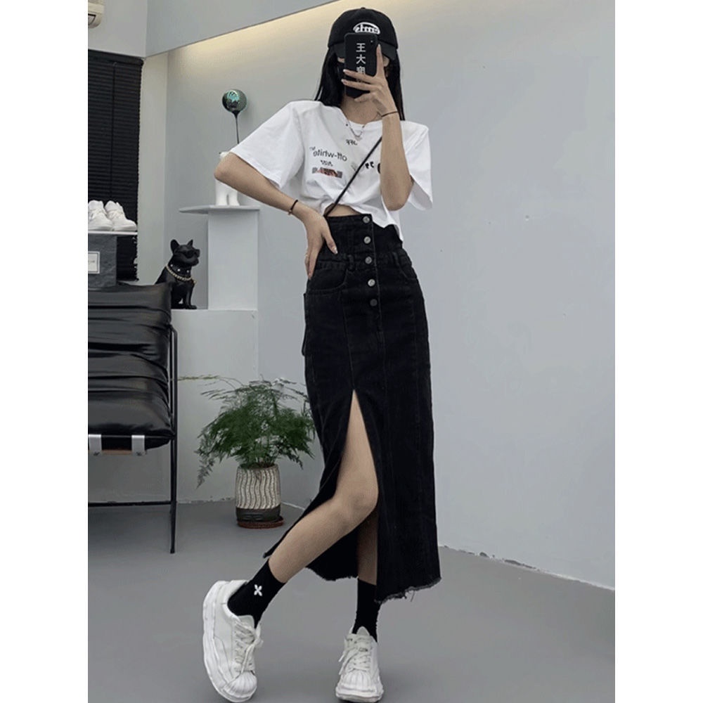 Jiashucheng Chân Váy Denim Chữ a Lưng Cao Xẻ Tà Phong Cách Retro Hong Kong Thời Trang Mùa Hè Hàng Mới 2023