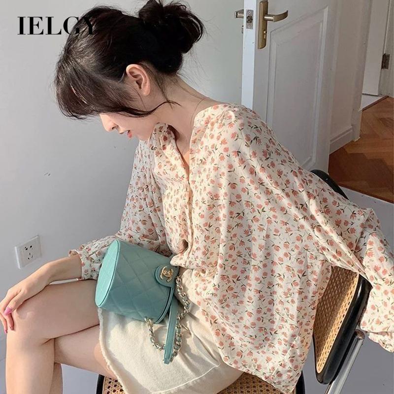 Áo voan IELGY cổ chữ V in hoa kiểu Pháp ngọt ngào vintage cho nữ