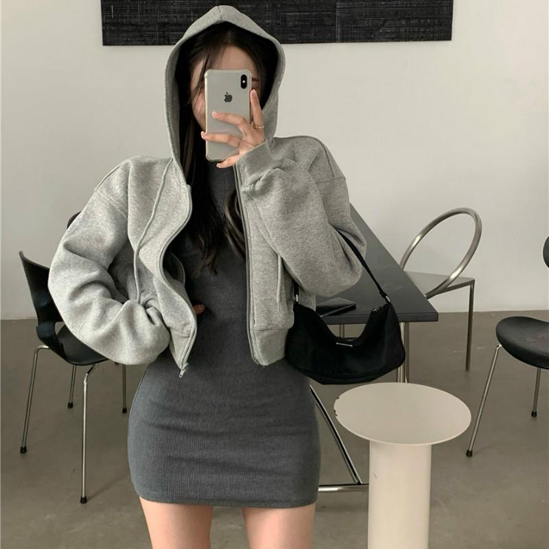 DUNEA Set Đầm Màu Trơn + Áo Khoác Kiểu Dáng Đơn Giản Thanh Lịch Cho Nữ