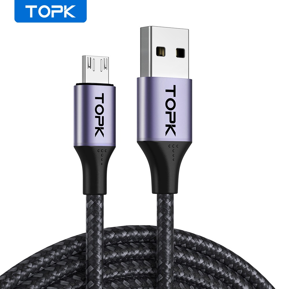  Cáp Sạc Nhanh TOPK AN10 QC3.0 Dây Nylon Bện Vỏ Kim Loại Đầu Cắm Micro USB Chất Lượng Cao