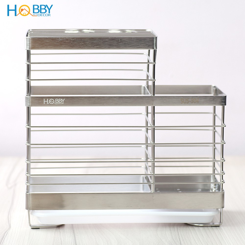 Kệ đựng đũa muỗng dao kéo 2 ngăn Hobby Home Decor KDM Inox 304 kèm khay hứng nước - mẫu cao cấp