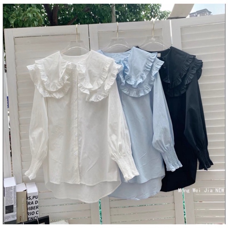 A056 Áo Sơ Mi Bánh Bèo Nữ Màu Trắng Đen Xanh Bèo Cổ Và Vai Cực Xinh Áo Tiểu Thư Quốc Dân Mẫu Mới Tay bo phồng