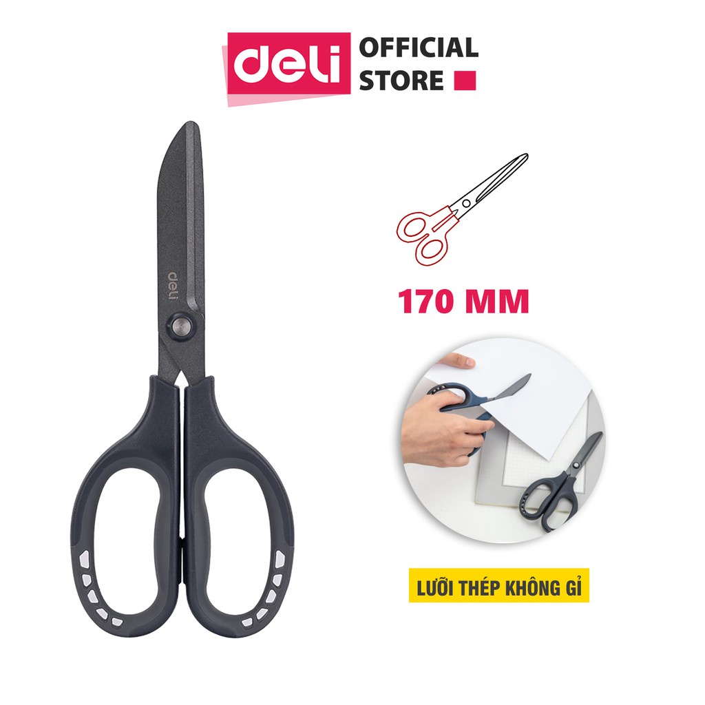 Kéo gia dụng cao cấp Deli - Phù hợp cắt vải, giấy, thực phẩm - Lưỡi thép không gỉ, phủ teflons arc chống dính -  77753