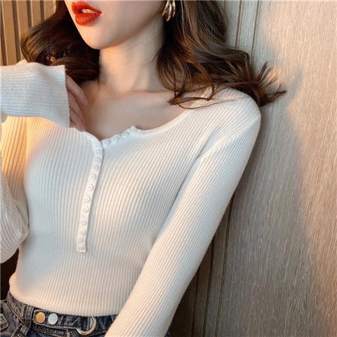 Áo thun len tay dài nhiều cúc cổ tròn sexy