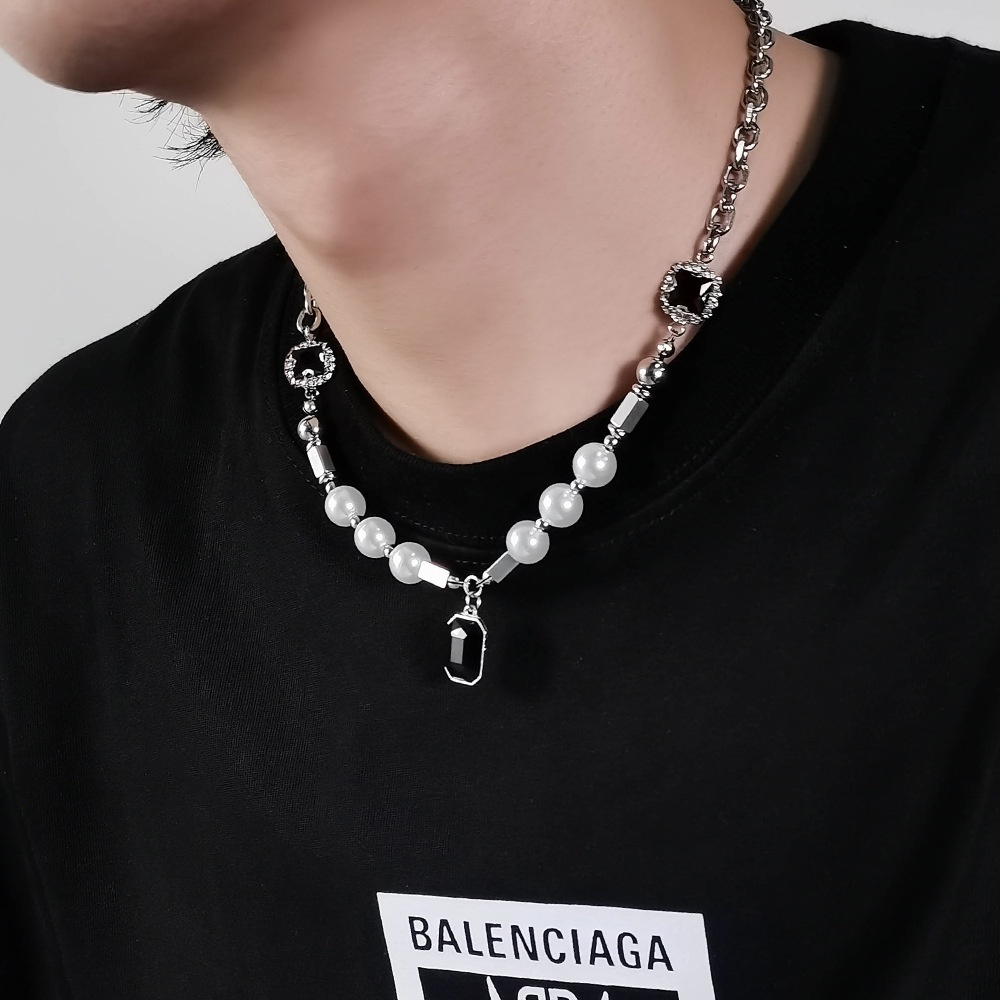 Vòng cổ Đính Đá Ngọc Trai Đen Phong Cách hip hop Thời Trang Dành Cho Nam Nữ