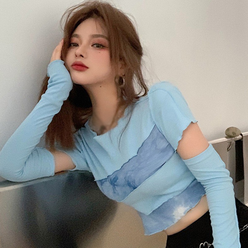 Áo thun cổ tròn tay dài dáng ôm gợi cảm nhuộm màu kiểu tie-dye dành cho bạn nữ