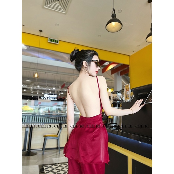 ( ẢNH THẬT - MẪU ĐỘC QUYỀN CEERI ) Set lụa cao cấp gồm áo hở lưng + quần lưng cao ( có mút ngực )