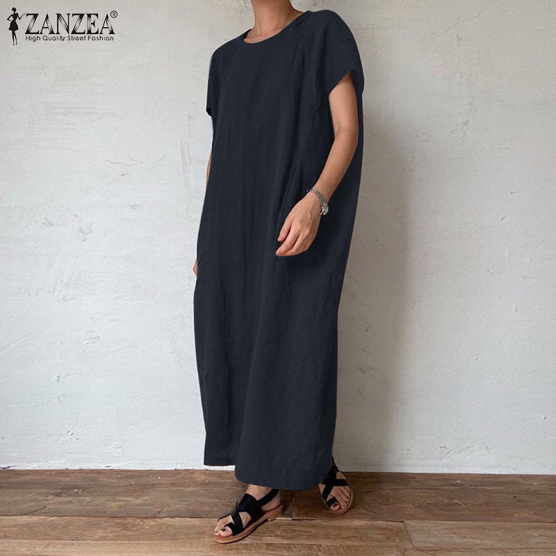 ZANZEA Đầm Dài Tay Ngắn Cổ Tròn Màu Trơn Phong Cách Cổ Điển Đơn Giản Thời Trang Cho Nữ