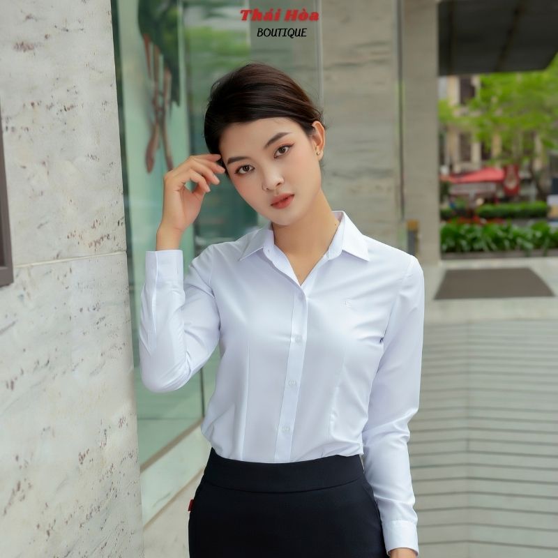 Áo sơ mi trắng nữ tay dài kiểu công sở đẹp bigsize vải cotton Thái Hoà 047-01-01