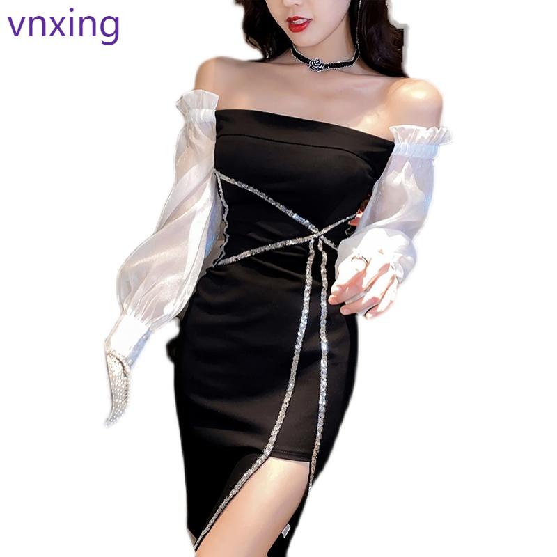 Đầm Dự Tiệc Trễ Vai Đính Kim Sa Lấp Lánh Sang Trọng