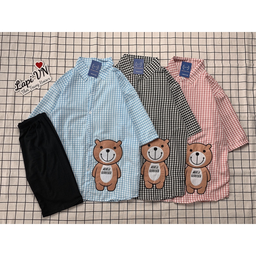 Set Đồ Bộ Áo Sơ Mi Tay Lửng Thêu Gấu Mix Quần Legging Ngố Lapi VN, Freesize dưới 55kg, Đồ Mặc Nhà Xinh