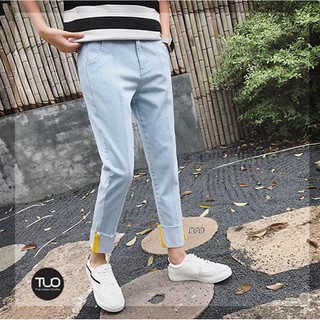 [Quần Jean nam nữ]Quần Baggy Unisex xanh trơn line gấu vàng cá tính  BT08