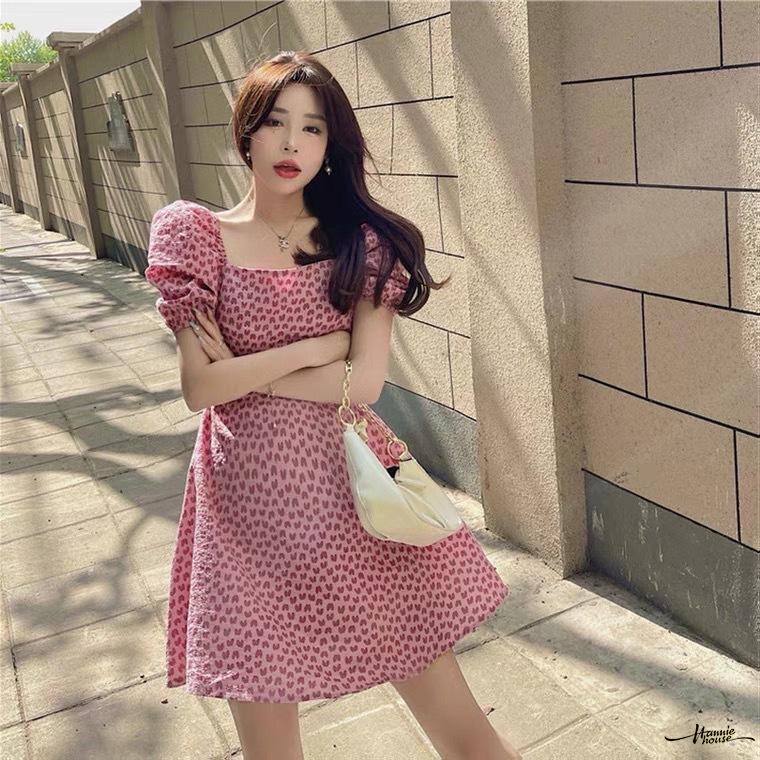 Đầm chữ A cổ vuông tay phồng ngắn in họa tiết thời trang cho nữ