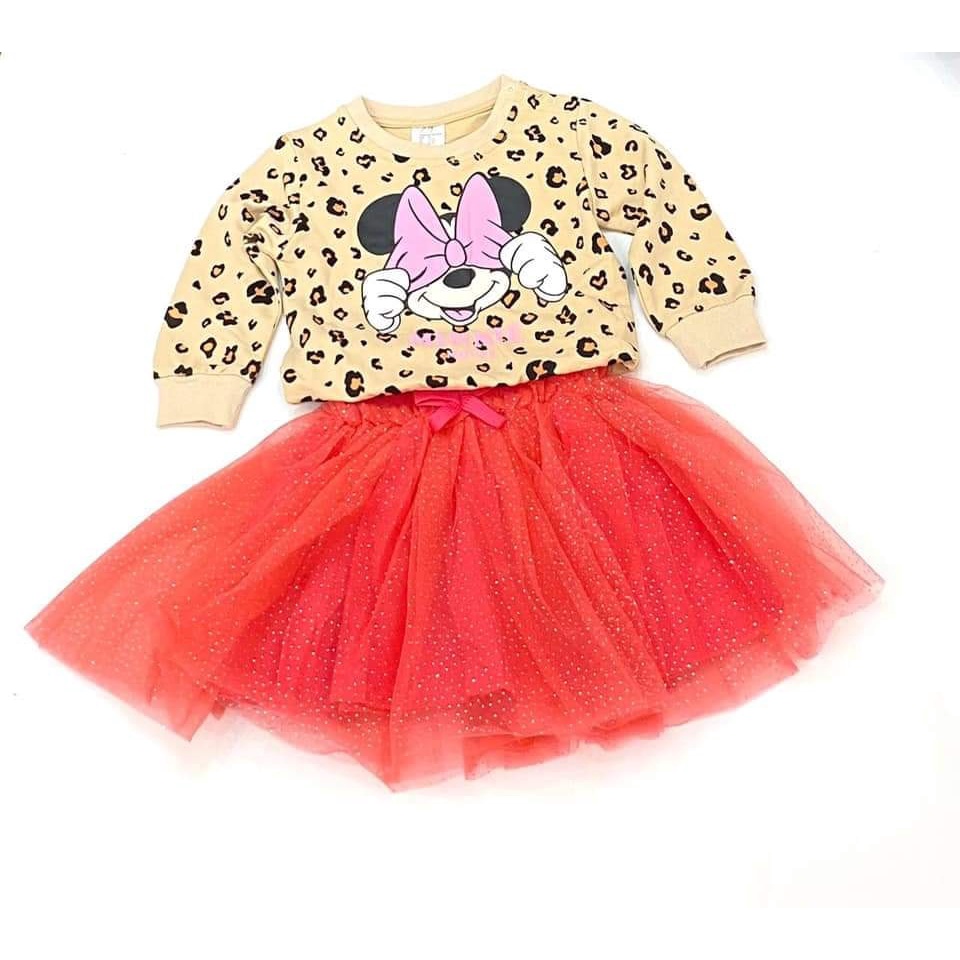 Set bộ váy bé gái HM tay dài hoạ tiết minnie áo nĩ chân váy ren