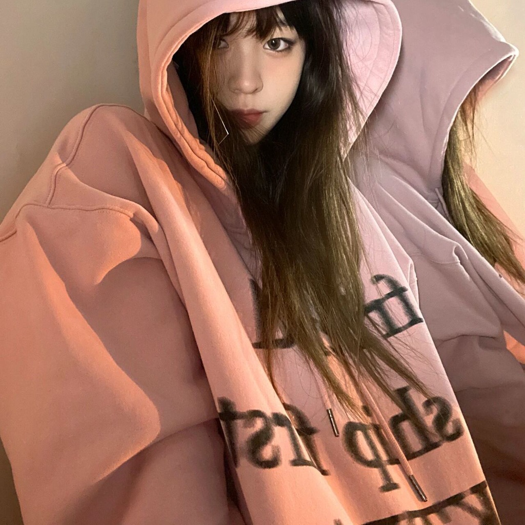 Áo Hoodie Dáng Rộng Siêu Ngọt Ngào Phong Cách Harajuku BF Lót Lông Cừu Siêu Hot Trong Mùa Đông Cho Nữ Sinh