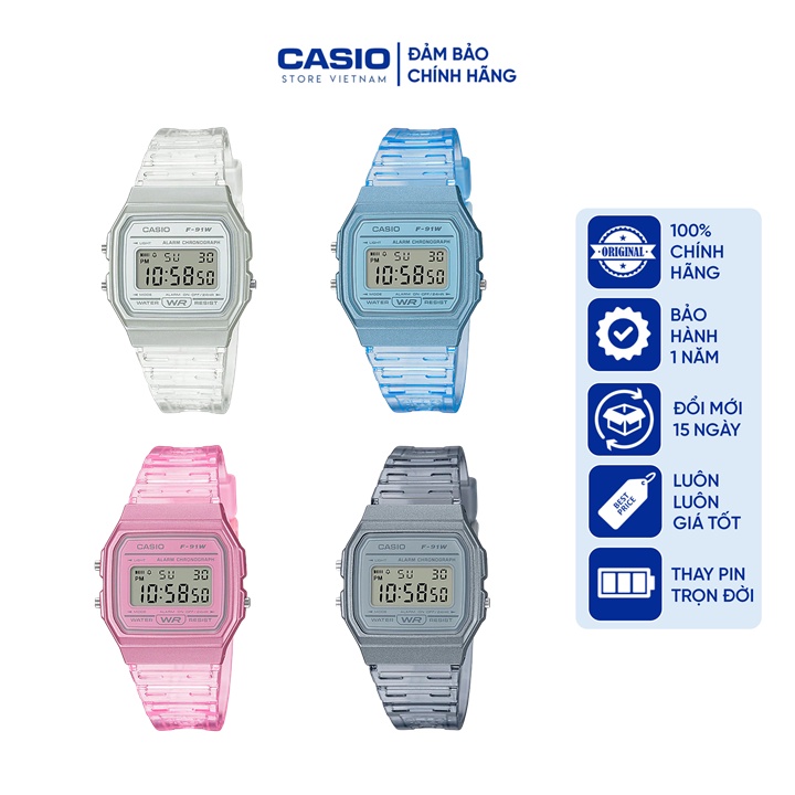 Đồng hồ Unisex Casio F-91WS, đồng hồ chính hãng, dây nhựa dẻo các màu - Mẫu mới 2022