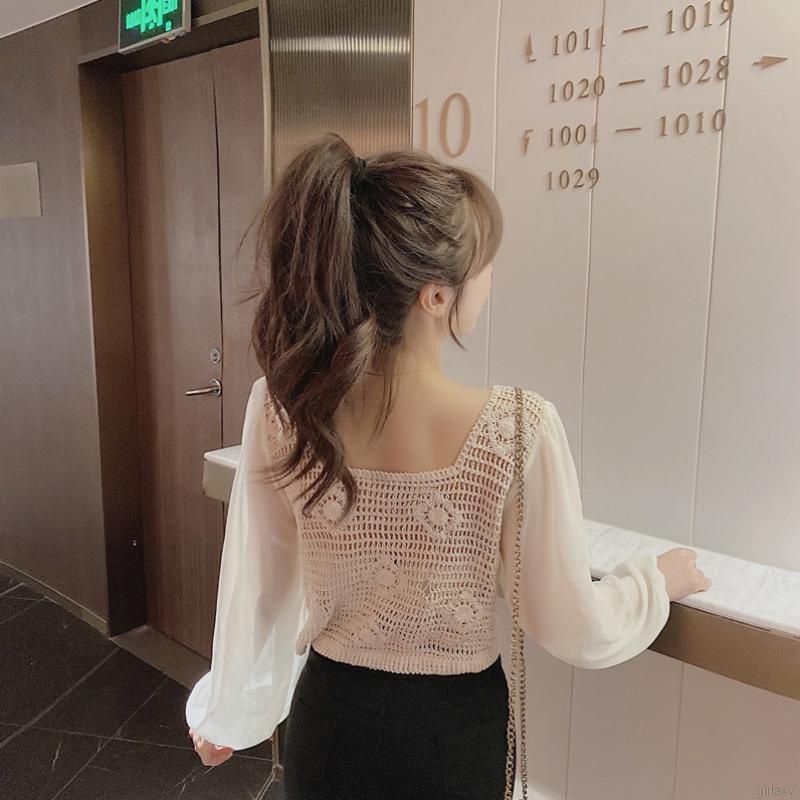 Áo sơ mi chiffon dệt kim cổ vuông tay phồng phối nút kiểu retro Hàn Quốc xinh xắn cho nữ