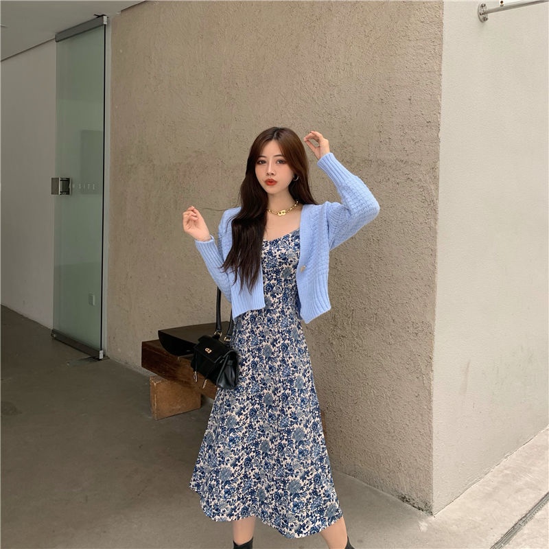 Đầm Dài Hai Dây Dáng Ôm In Hoa Kiểu Retro Pháp Dễ Thương Cho Bạn Gái