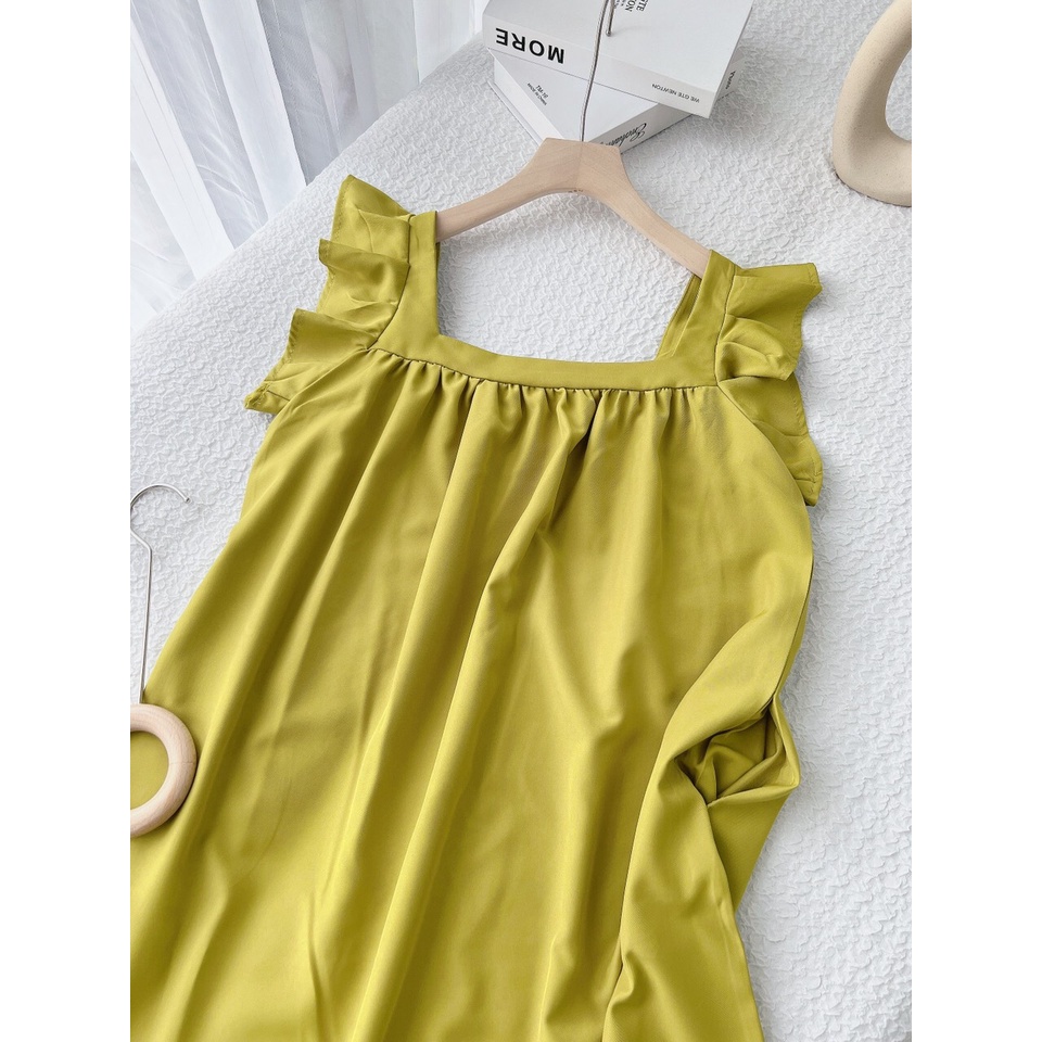 Đầm Nữ Màu Xanh Bơ - Váy Suông Nữ Tay Cánh Tiên Form Dáng Rộng Rãi Bầu Bí Bon Chen.