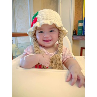 Nón len bím tóc tai gấu trắng kem hình Cherry cho bé yêu - Dương liễu handmade