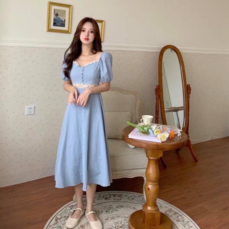 Đầm maxi kiểu dài nữ dáng suông xoè tay ngắn ren ngực ôm eo - Order taobao quảng châu