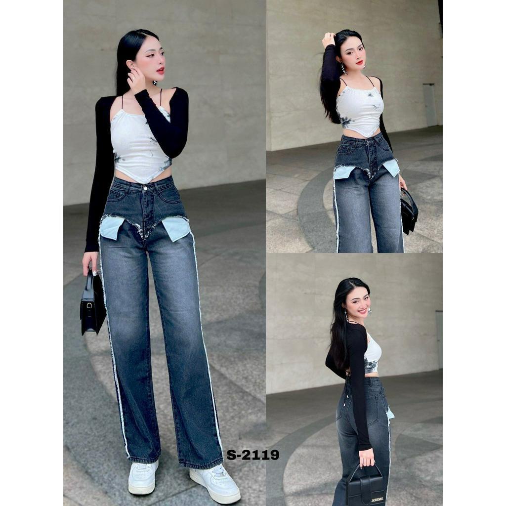 Quần bò ống rộng nữ,Jeans phối túi ngoài, cạp cao quần jeans ống rộng lưng cao, vải bò dày đẹp, không giãn dáng suông