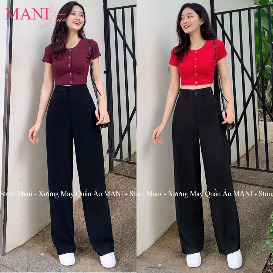 Quần tây ống rộng nữ đi học khóa giữa cạp lưng cao dáng quần vải ống rộng nữ suông dài dày đen học sinh đi học công sở